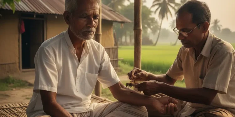 রোগীর দেহে চিকিৎসক মৌমাছির হুল ফুটিয়ে দিচ্ছেন